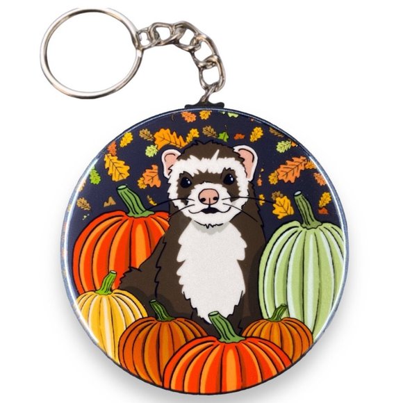 Ferret Halloween Keychain, Handmade Holiday Pet Portrait Pumpkin Patch Accessory - Picture 1 of 4
